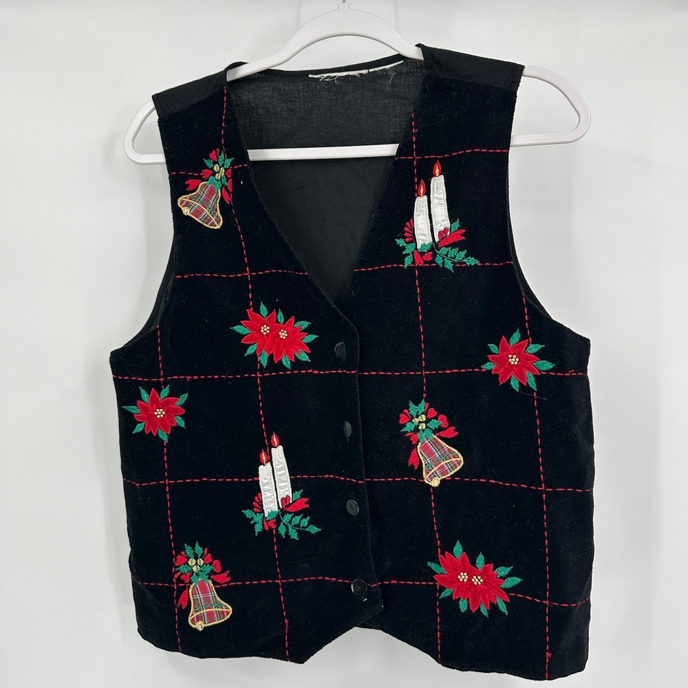 Womens Vintage Velvet Christmas Vest Sz M Embroidered Poinsettia Teacher Festive